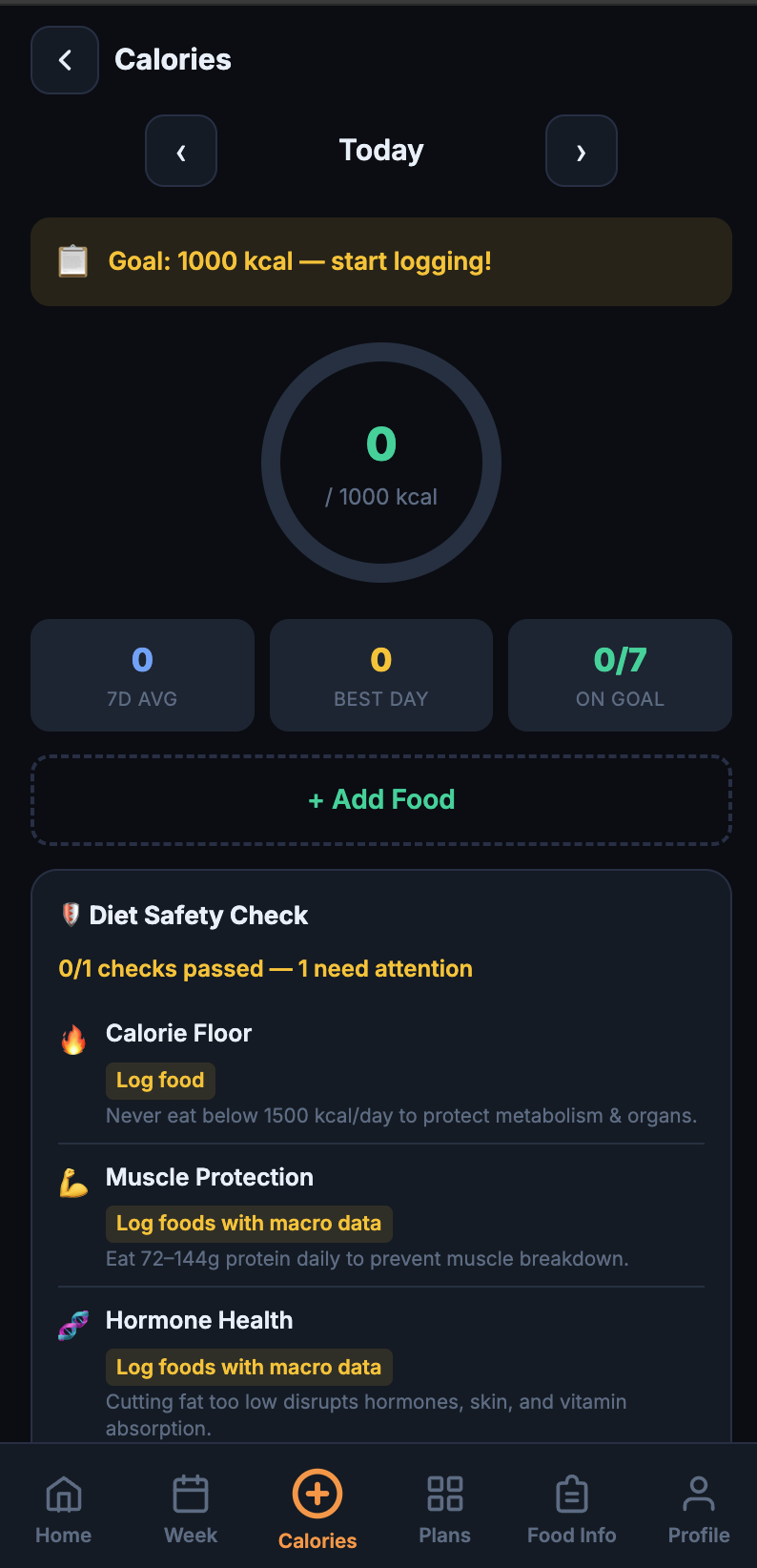 WellMate calorie tracking with goals and safety checks
