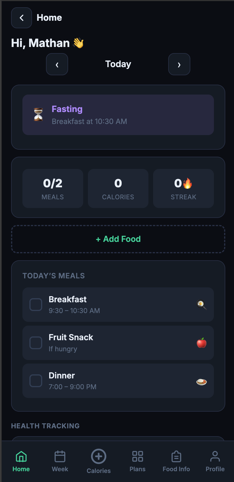 WellMate home screen with daily meals and stats